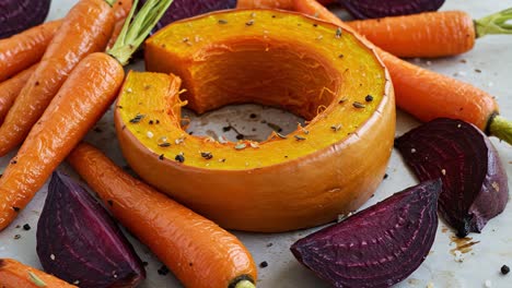 delicious roasted carrots, pumpkin, and beets