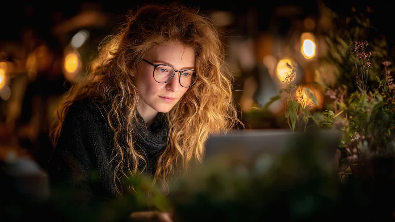 A Focused Young Woman with Curly Hair Engaged in Work on a Laptop Surrounded by Warm Lighting and Plants, Capturing a Moment of Concentration and Creativity