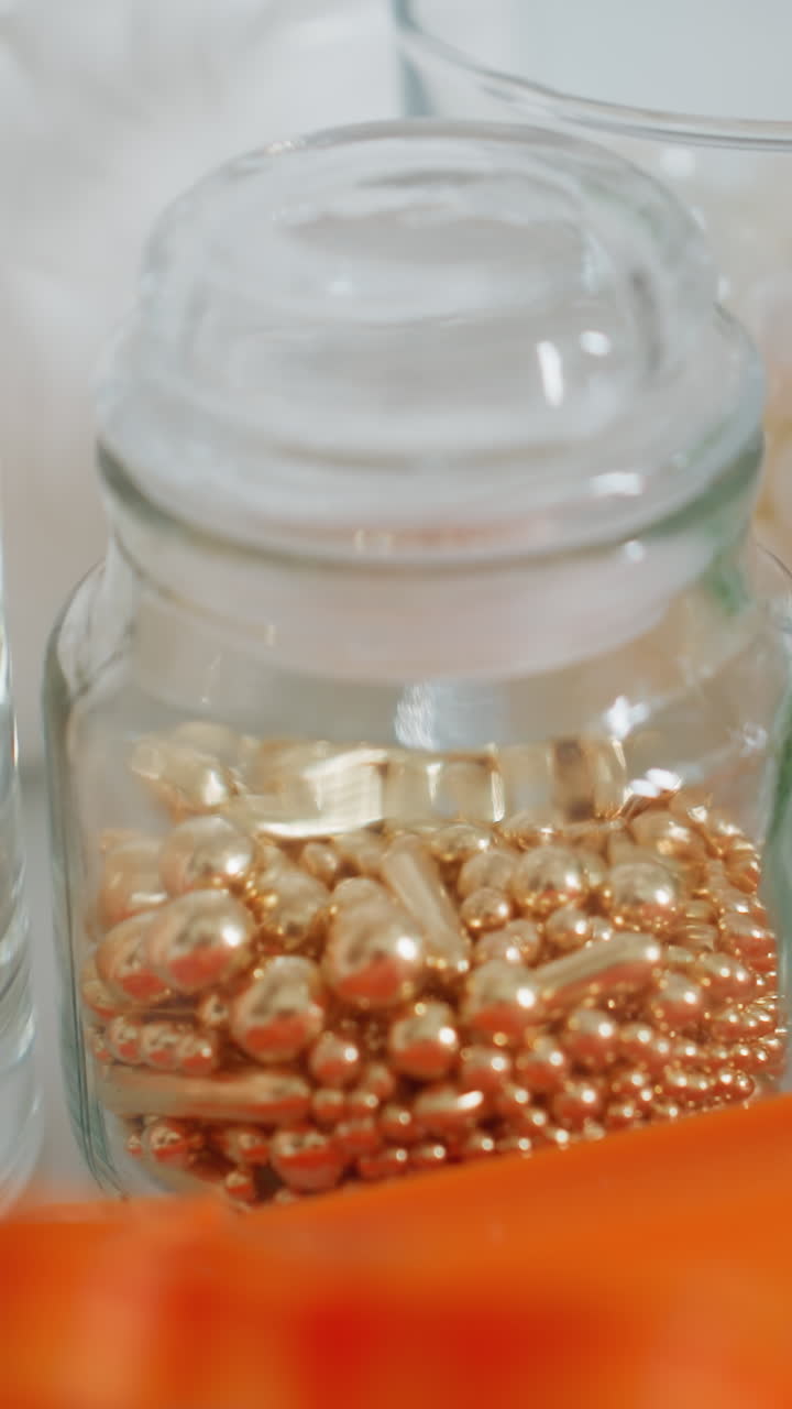 primer plano de diversas cuentas de colores en tonos de oro, verde y perla almacenadas en frascos de vidrio, azúcar en tazas de vidrio y herramientas de horneado de naranja dispuestas cuidadosamente en cuencos blancos