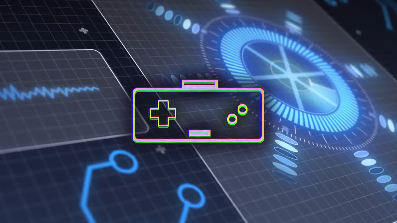 Animation of neon game controller with digital interface and futuristic graphs