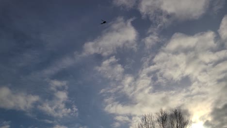 helicopter flying in the blue sky with clouds