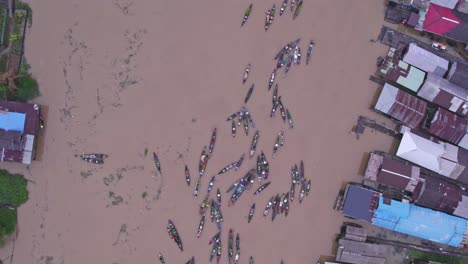 boats of floating market in south kalimantan on river sungai martapura, top down