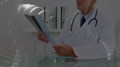 male doctor reading medical chart in medical office, with floating dna helix graphics