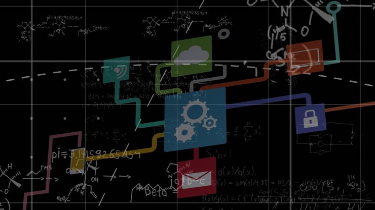 Animation af netværk af digitale ikoner og matematiske ligninger på sort baggrund