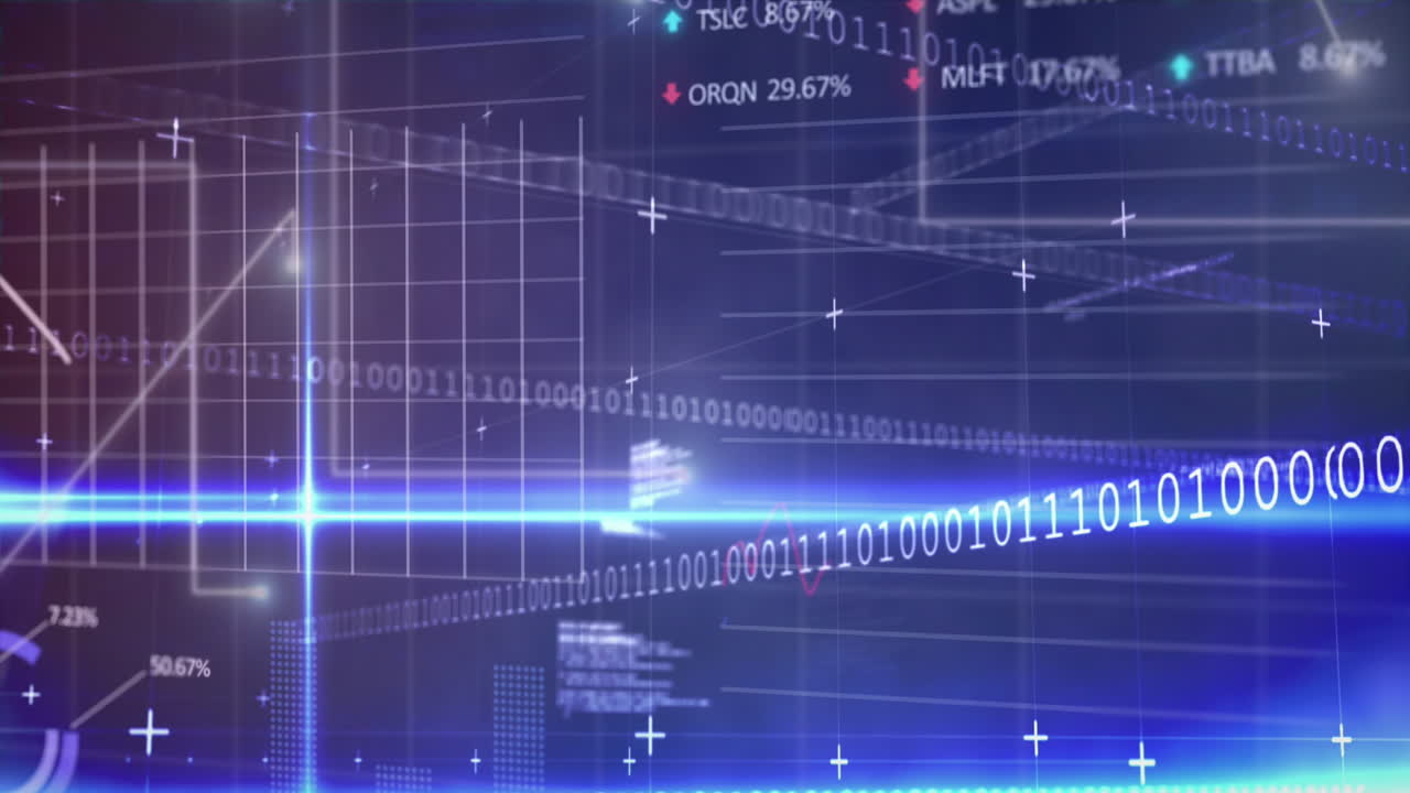 그래프, 거래 보드, 이진 코드 및 컴퓨터 언어 위에 조명 된 선의 애니메이션