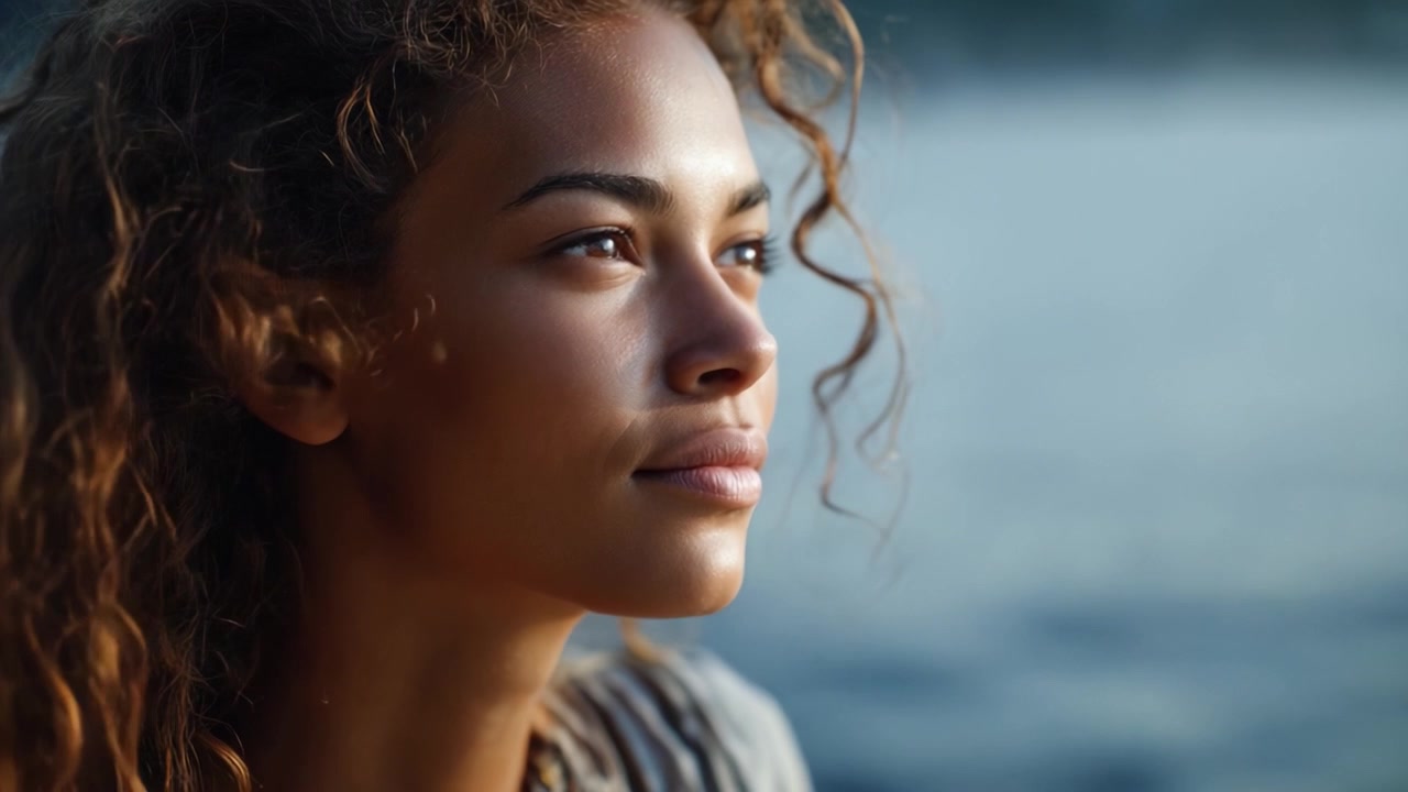 Contemplative Woman Gazing into the Distance Over Serene Waters, Capturing a Moment of Reflection and Tranquility in Natural Light