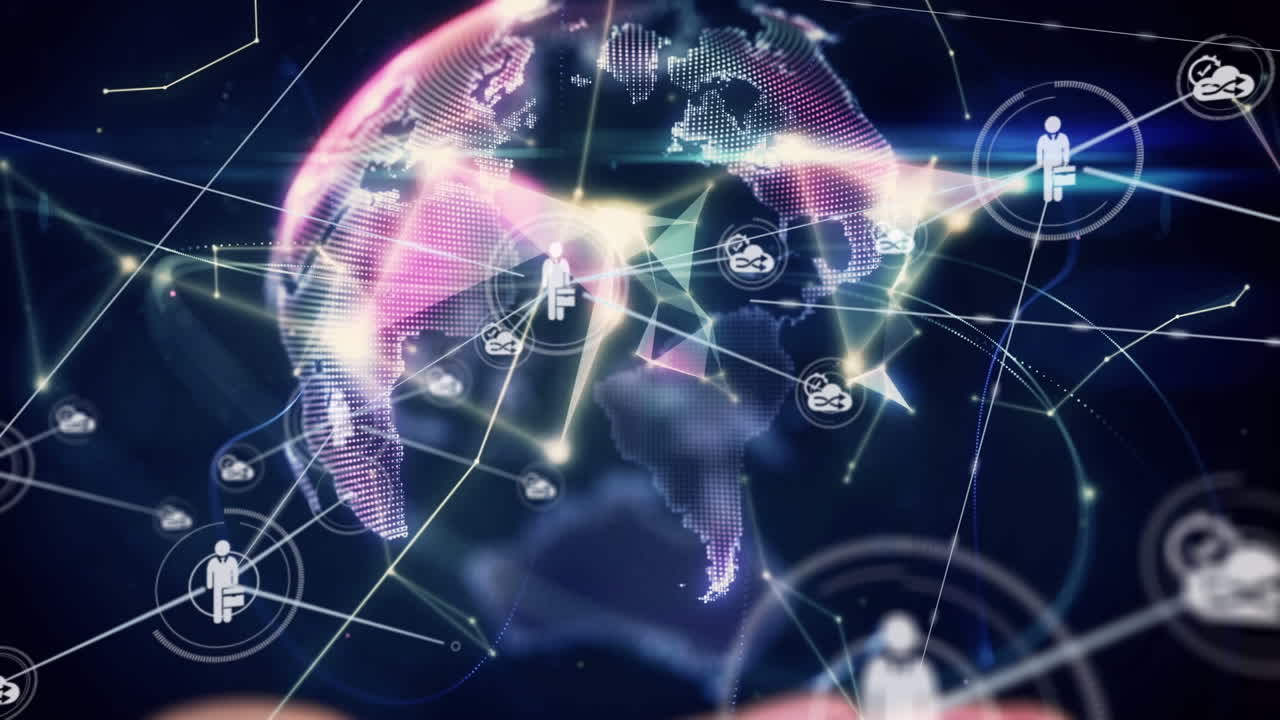 디지털 아이콘 네트워크의 애니메이션과 컵형 손 위의 플렉서스 네트워크의 글로브