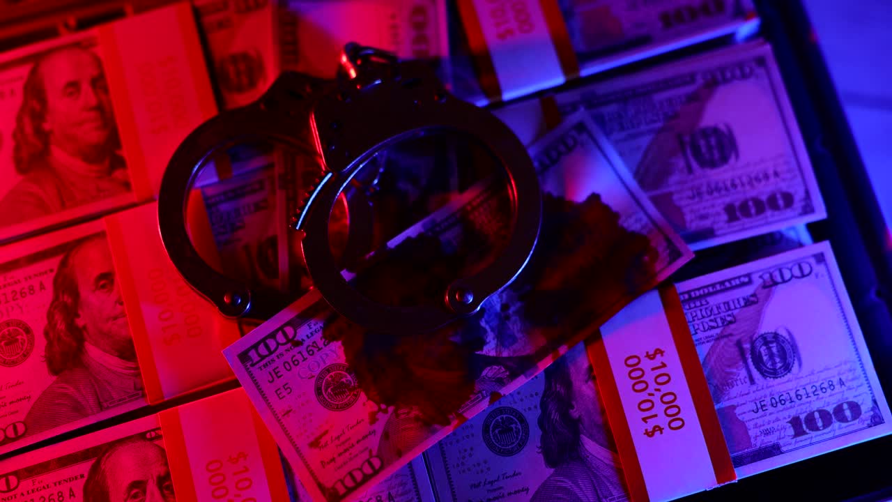 Handcuffs on Stacks of US Dollar Bills in Dramatic Lighting