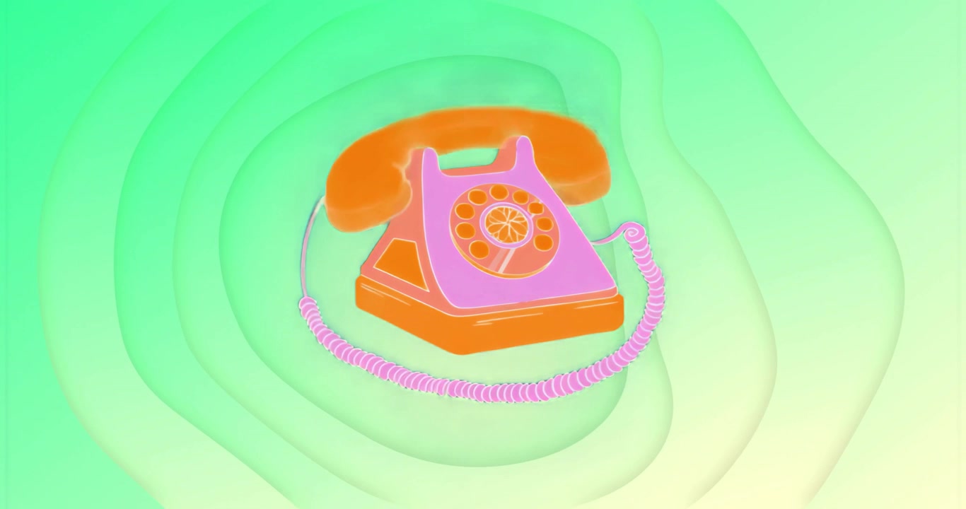 After pause retro rotary phone lifting handset settling with glow rippling signaling incoming call