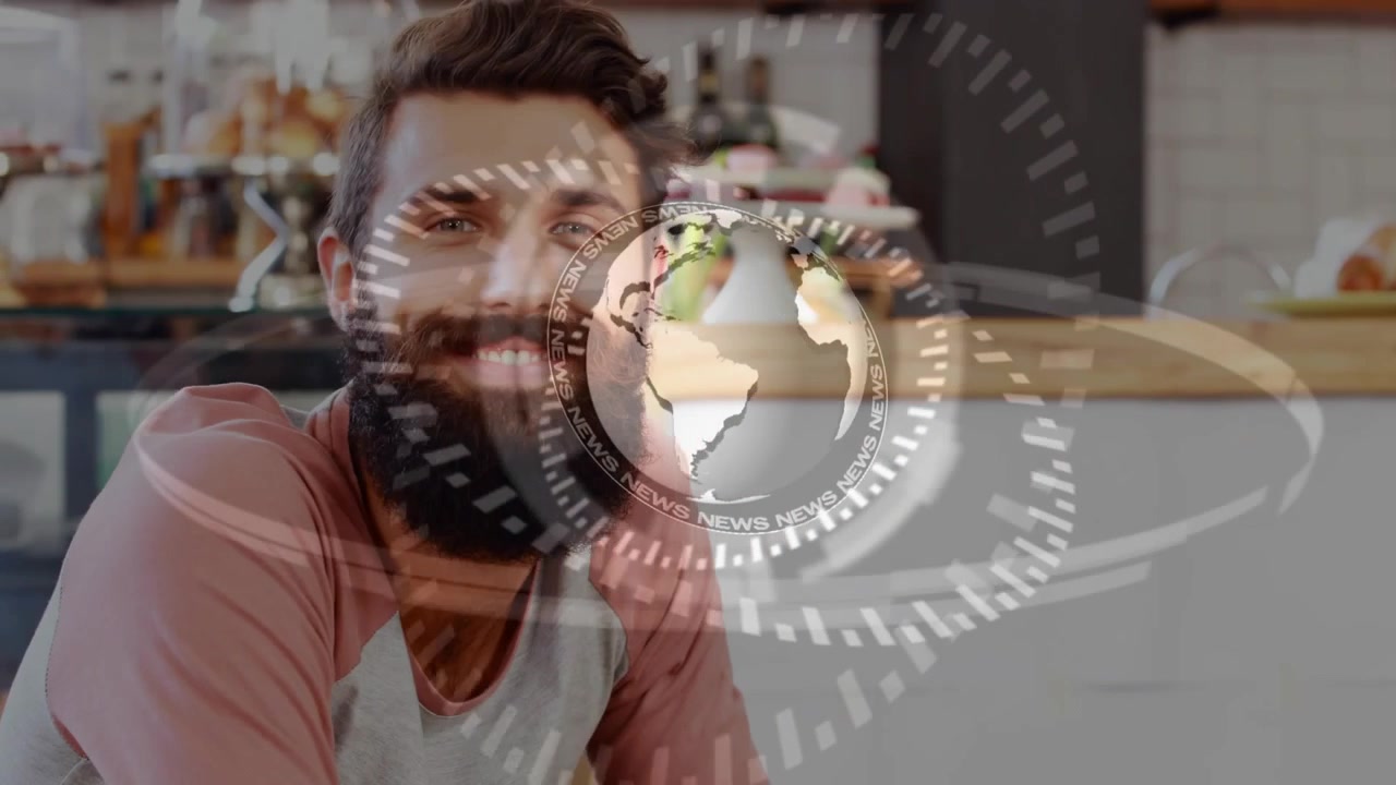 Globe HUD appearing, sweeping over bearded man raising mug and sipping at cafe counter, technology