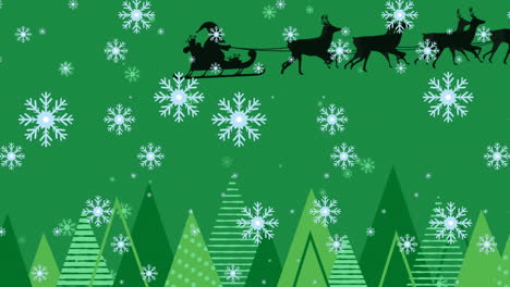 Animation-of-snowflakes,-santa-riding-sleigh-with-reindeers-and-trees-against-green-background