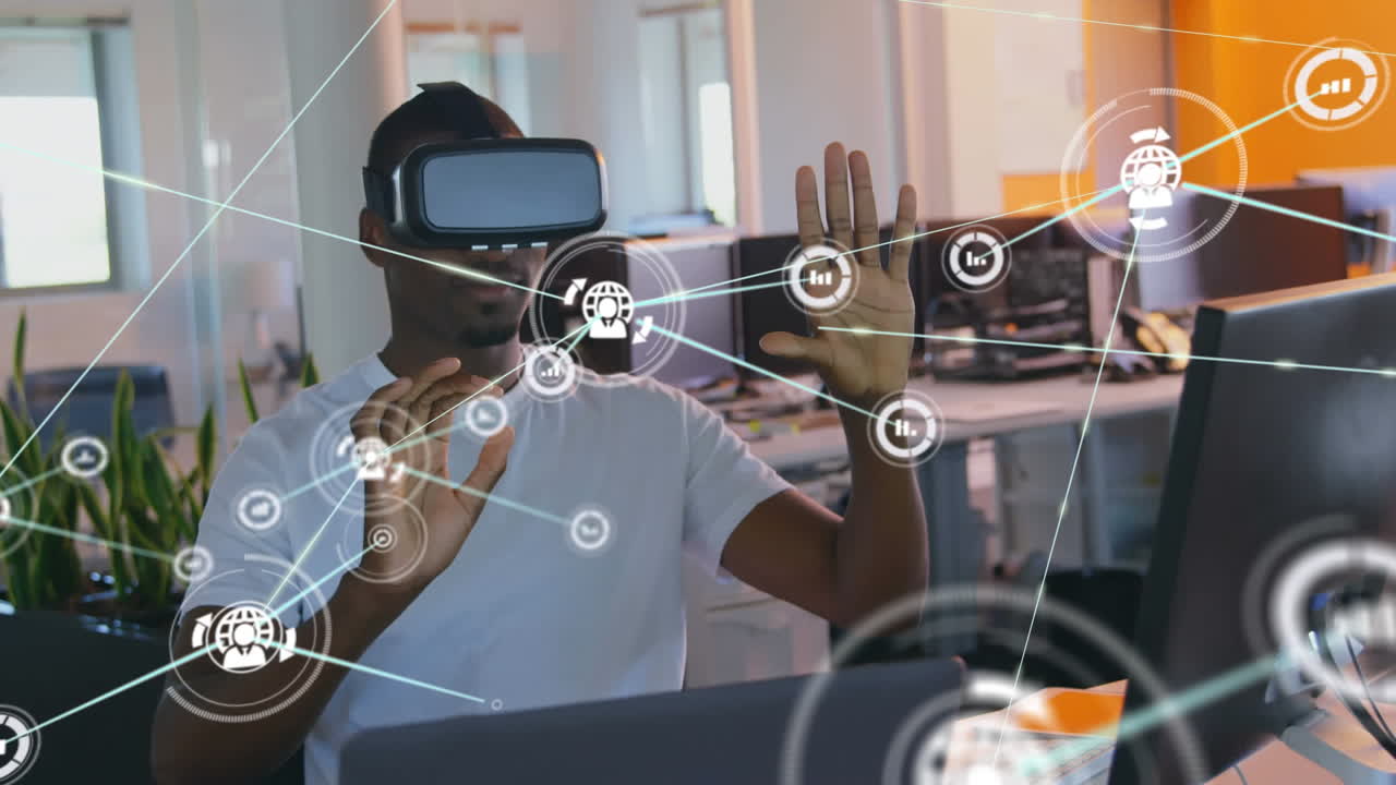 Animation of networks of connections and businessman wearing phone vr headset