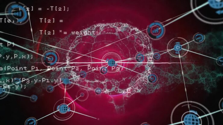 Animation of network of digital icons and data processing over spinning human brain icon