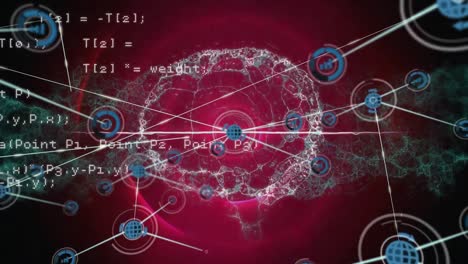 animation of network of digital icons and data processing over spinning human brain icon