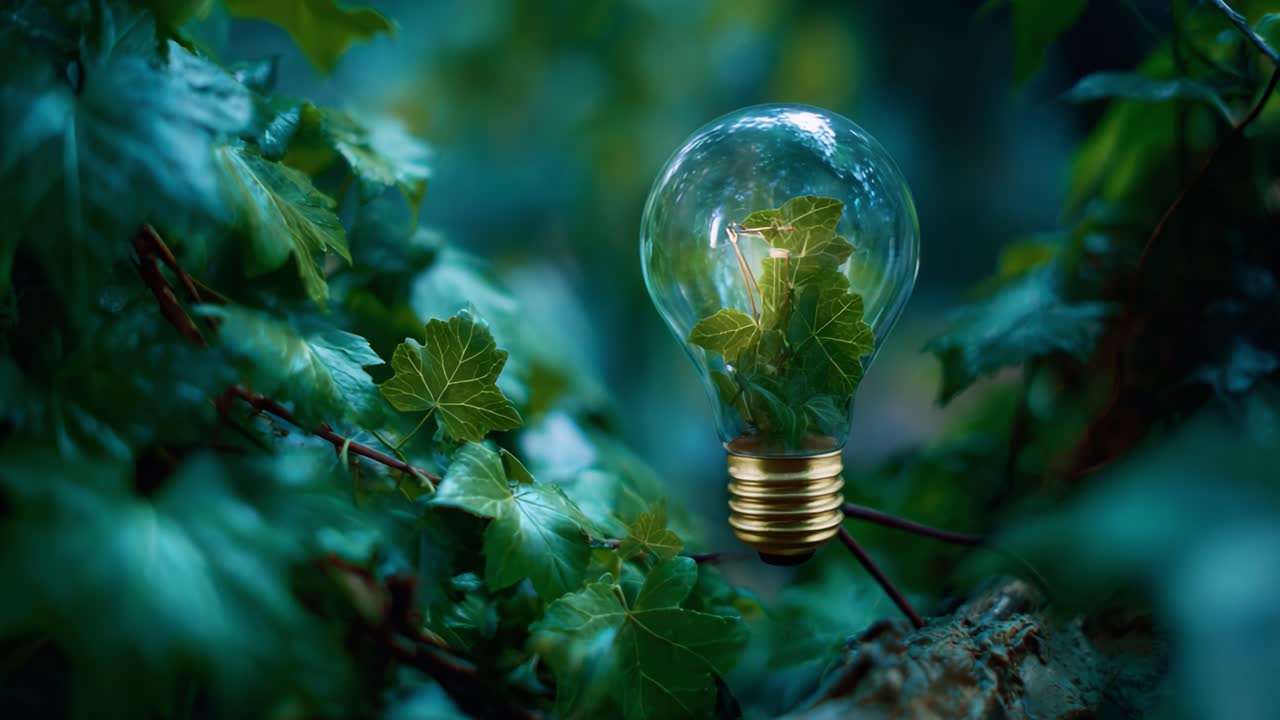Un'illuminante fusione di natura e tecnologia: una lampadina racchiusa in foglie di edera verde che rappresenta la sostenibilità e l'innovazione ecologica