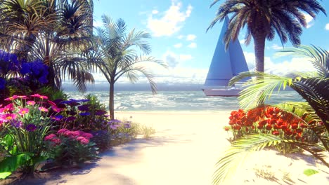 beautiful yacht swims past the beautiful beach, washed by the ocean wave. beautiful loop 3d animation.