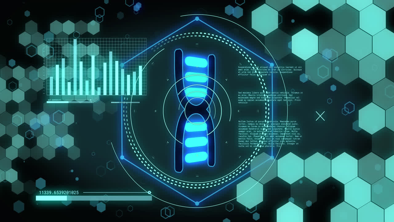 animación del icono de cadena de adn y procesamiento de datos en fondo negro