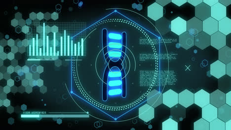 animación del icono de cadena de adn y procesamiento de datos en fondo negro