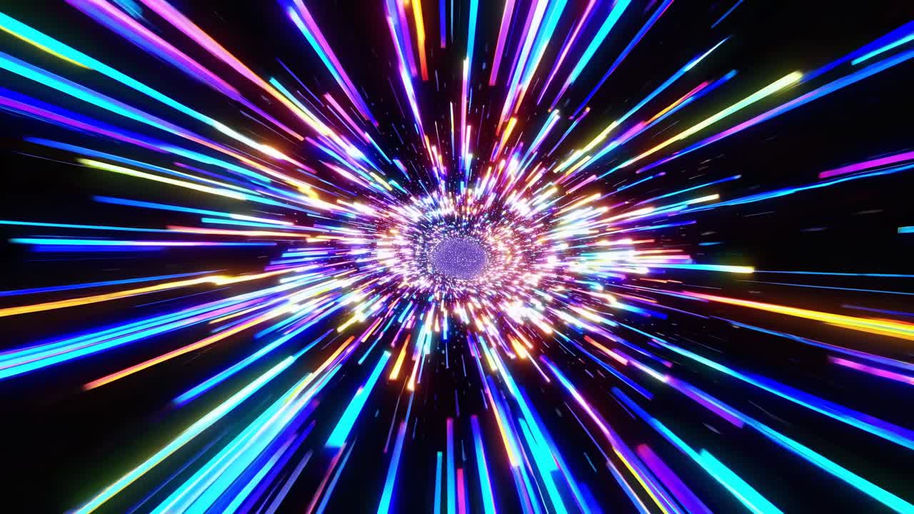 Luminous color streams swirling toward central vortex, generating dynamic hyperspace tunnel visualization against deep dark background suggesting interstellar motion and technological acceleration