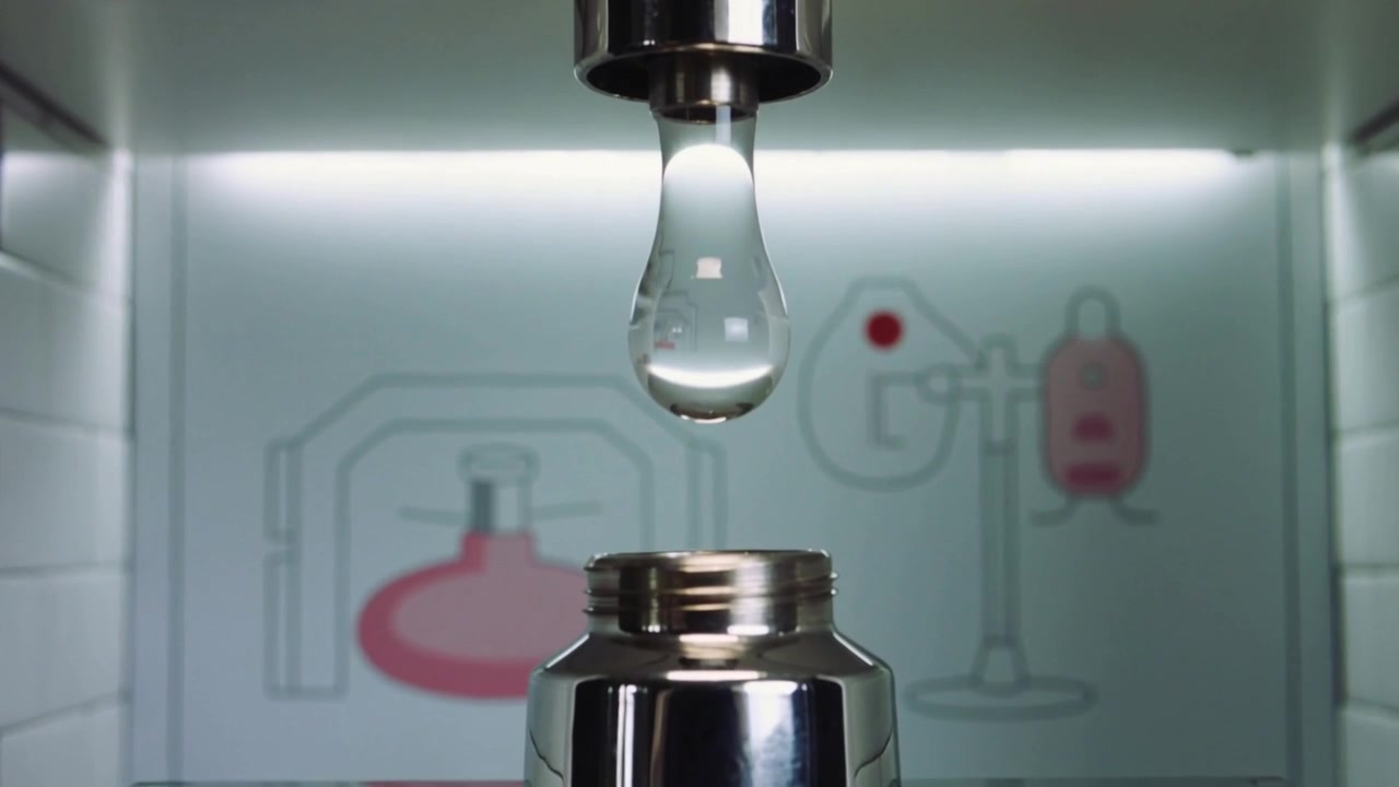 Activating chrome nozzle releasing clear liquid into metal container for testing in alcove, LED