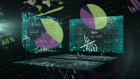 mathematical equations floating against statistical data processing against black background