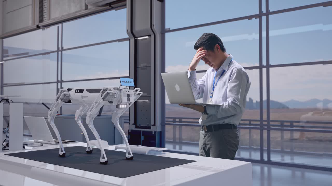 하이테크 공장에서 노트북을 들고 서서 머리를 흔들며 타이핑을 하고 있는 아시아 남성 직업 노동자의 전체적인 면.