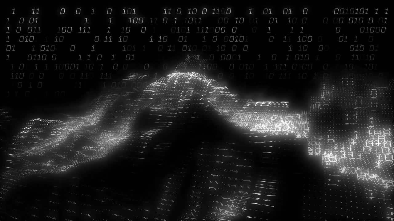 Binary code and digital landscape animation over dark background