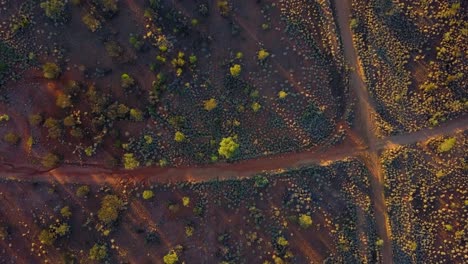 sunset over the central australian outback. cinematic top down shot moving forwards, over roads, dry creeks and local flora. filmed on a dji mavic pro on a camel farm near alice springs.