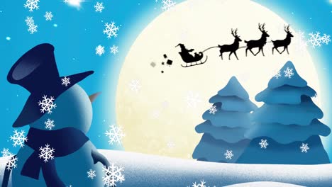 Animation-of-snowman-looking-at-silhouette-of-santa-claus-in-sleigh-being-pulled-by-reindeer