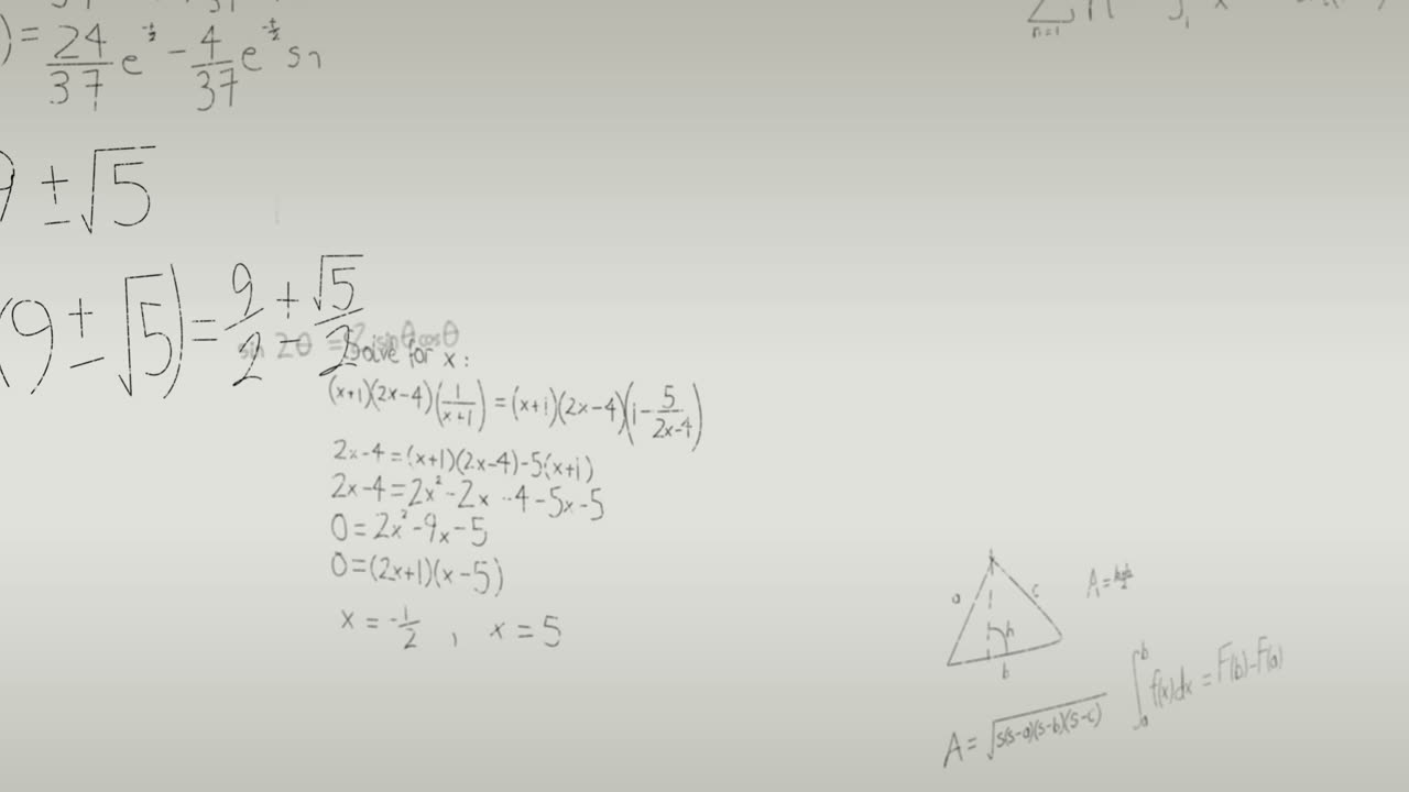 animación de ecuaciones matemáticas, diagramas y fórmulas flotando contra un fondo gris