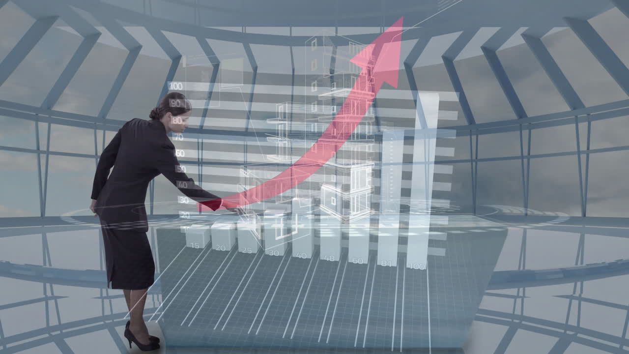 Analyzing rising bar graph with red arrow, businesswoman in futuristic office animation