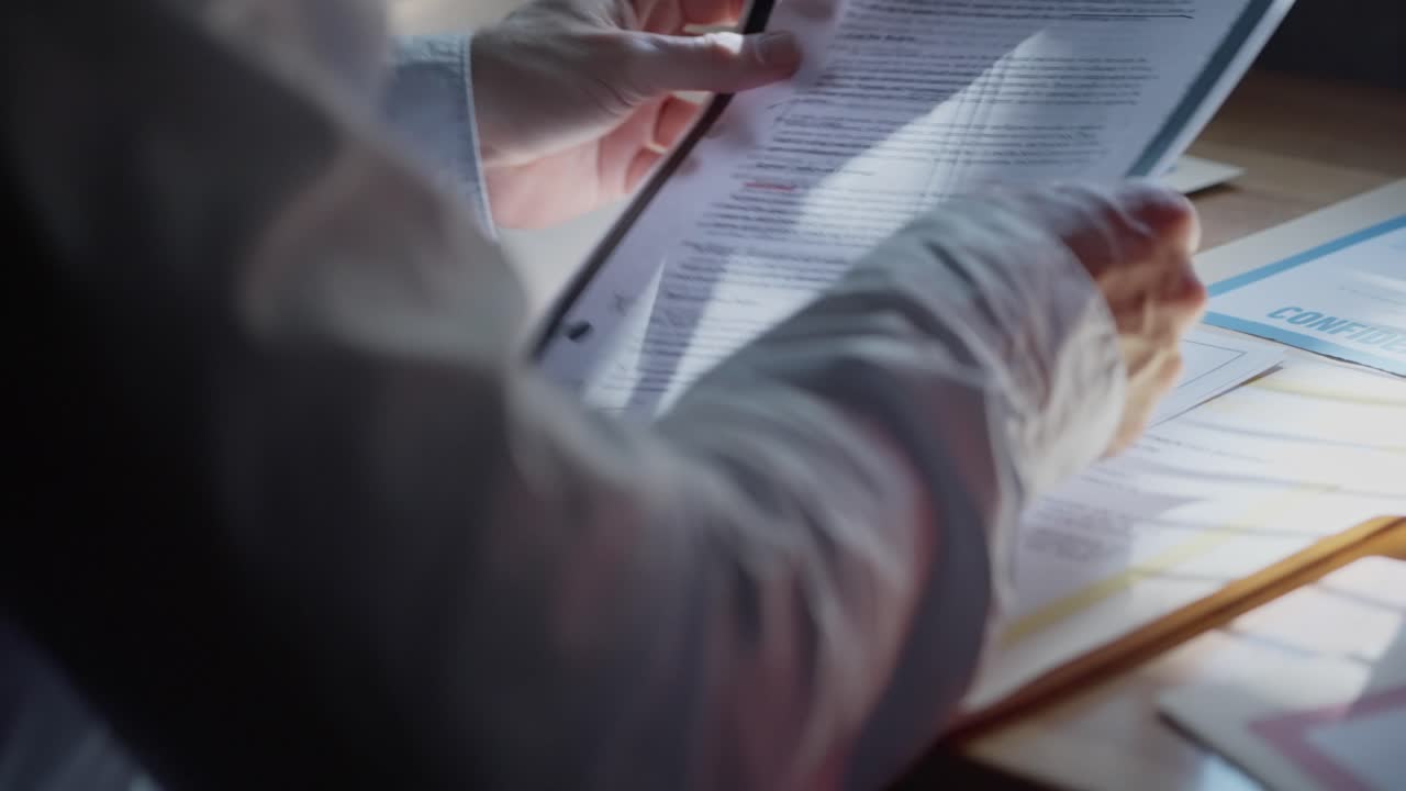Man searches through classified files in a dark office, lit by dim light. The tense atmosphere suggests espionage, secrecy, and covert investigation, captured in an over-the-shoulder view."