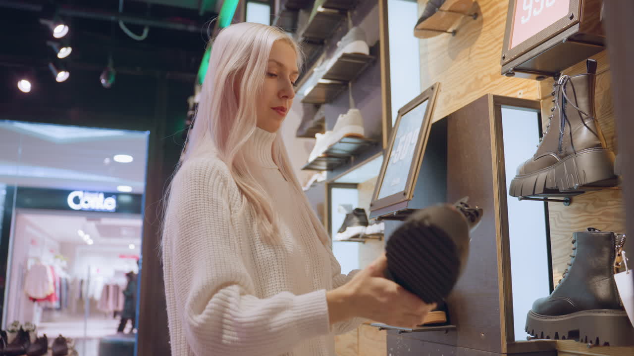 Elegant young woman with platinum hair in sweater evaluates hiking boots on wall display, fingers tracing leather, weighing winter purchase while shoppers blur outside storefront