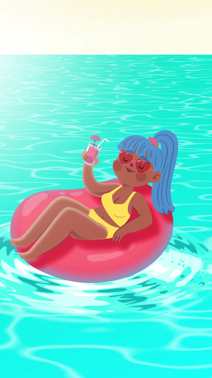 Cartoon girl relaxing on an inflatable ring in the water with a drink