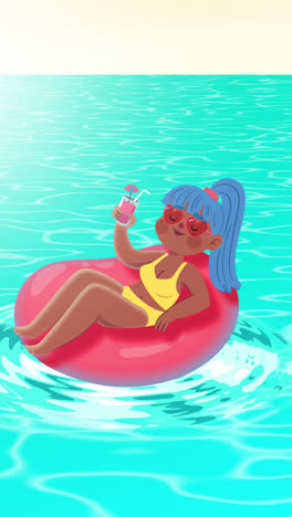 cartoon girl relaxing on an inflatable ring in the water with a drink