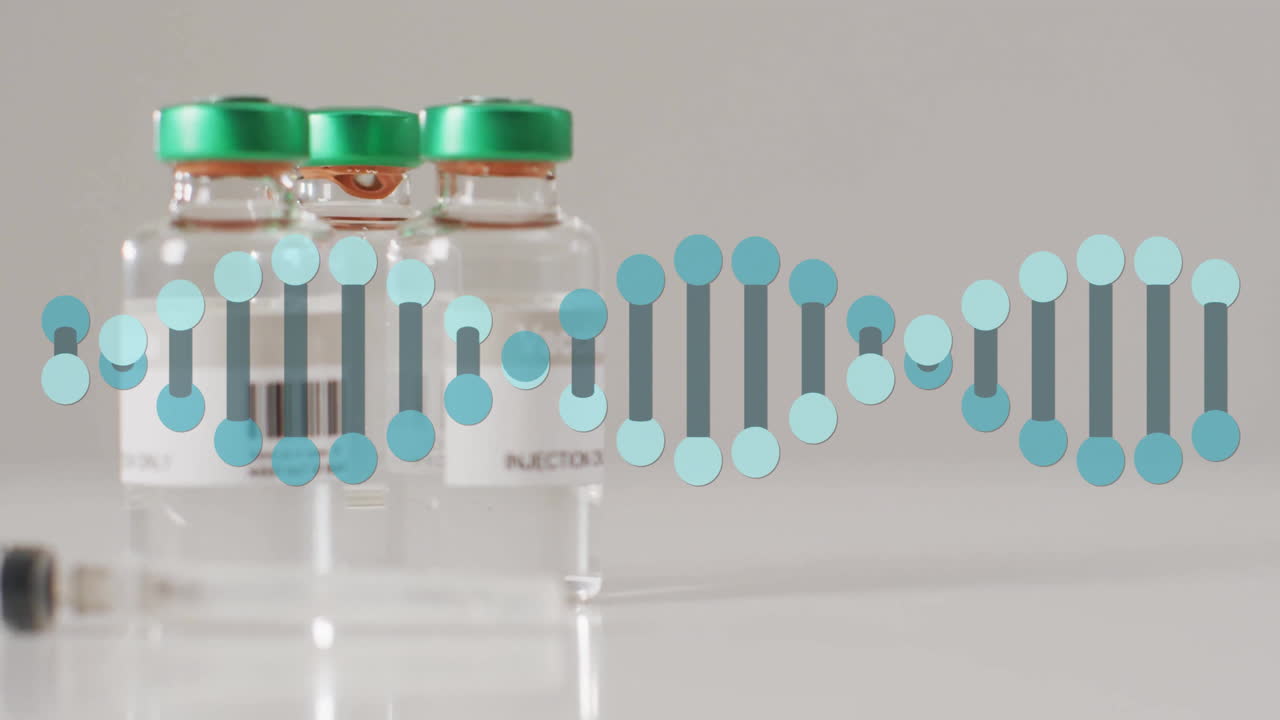 Animation of dna strand over vials and syringe on white background
