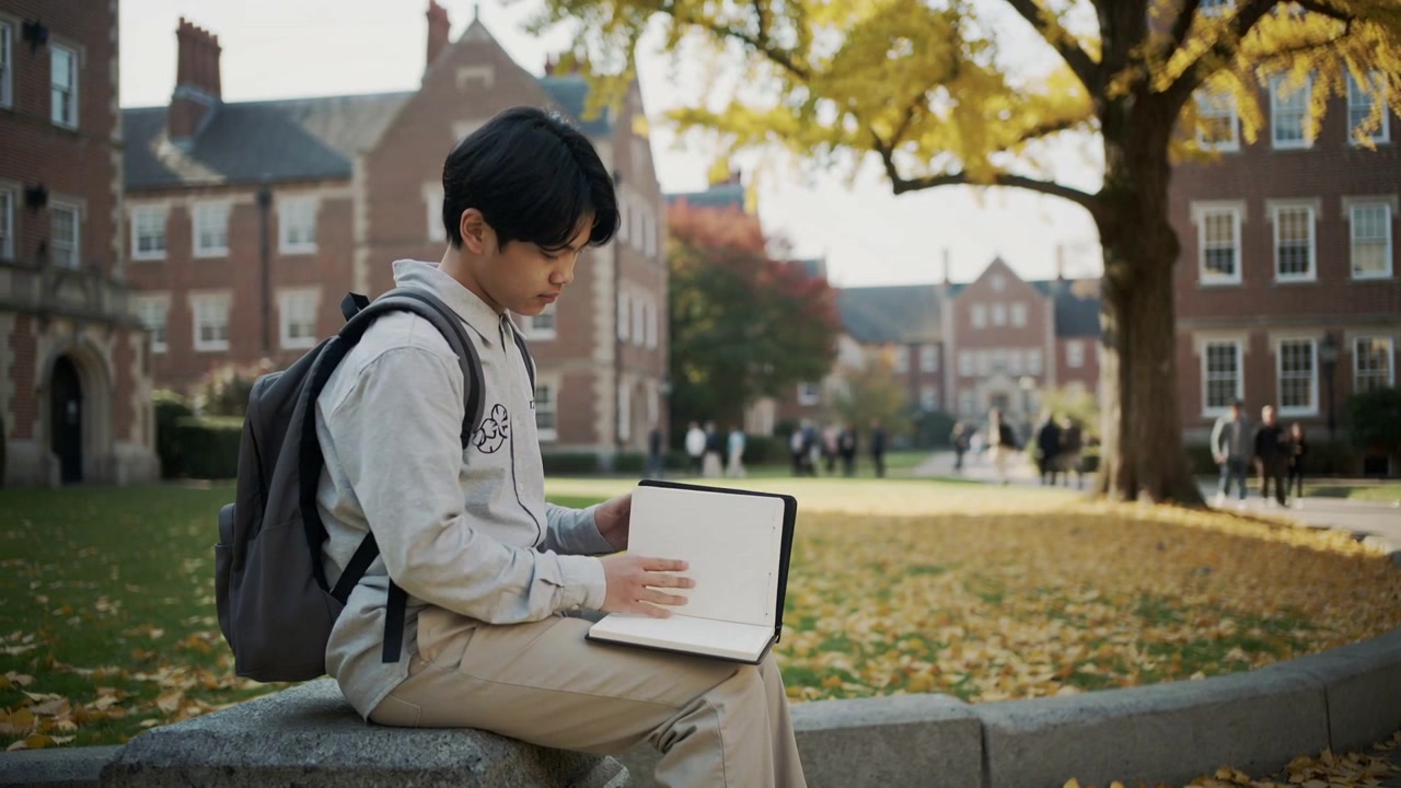 Placing book, Asian student gray hoodie backpack flipping pages at campus ledge studying