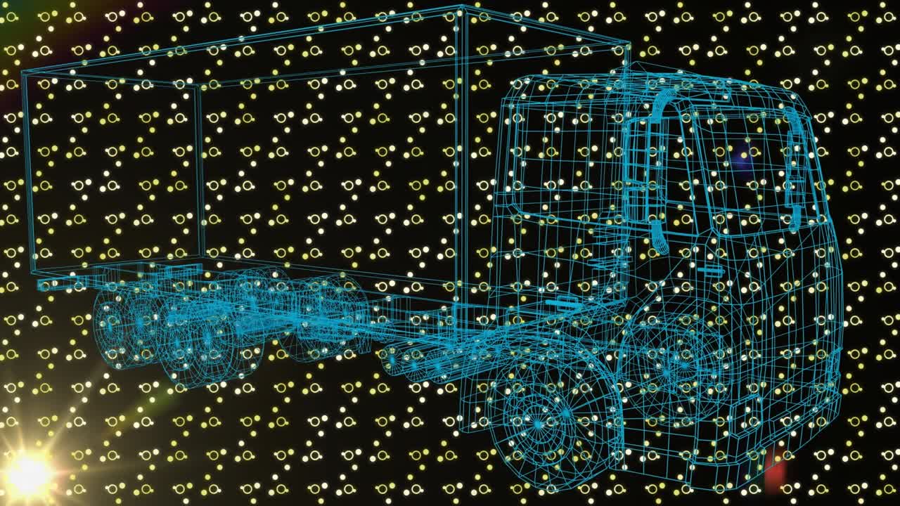 Animation of shapes and digital lorry on black background