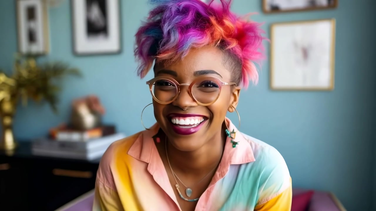 Happy Young Woman with Colorful Hair Laughing and Talking