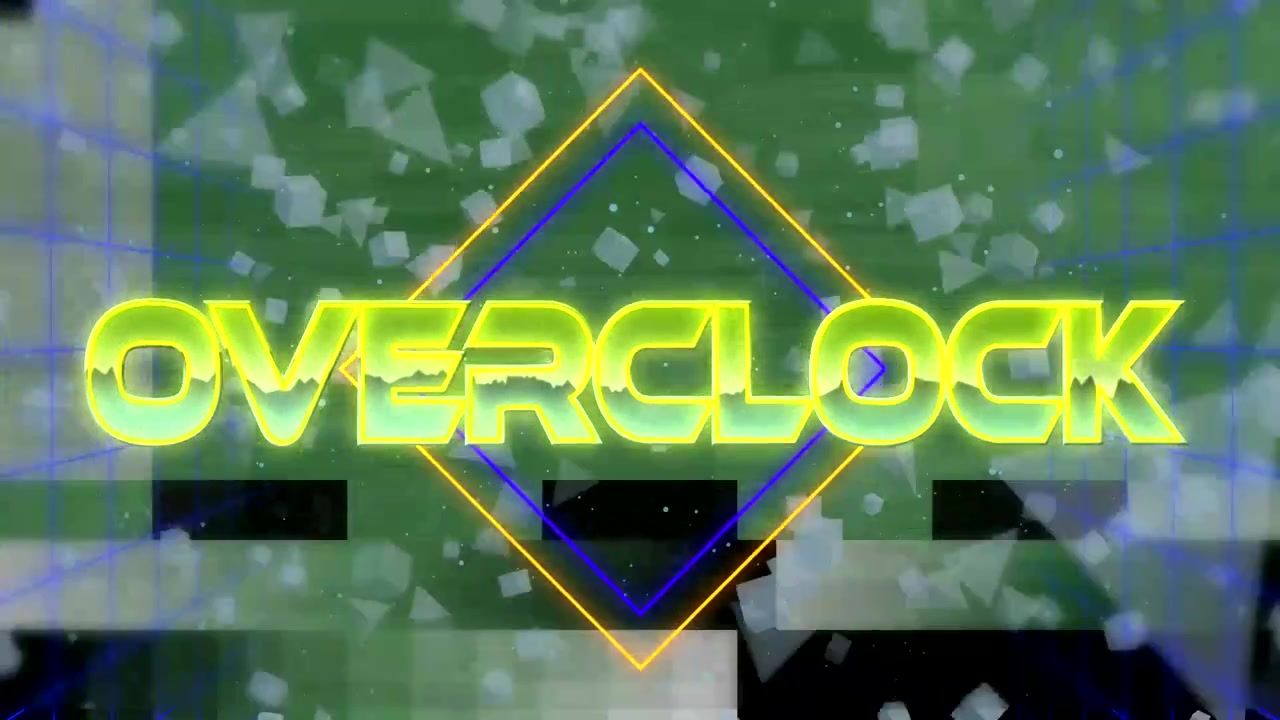 緑色のグリッドと粒子、ダイヤモンドの上でネオンイエローの「OVERCLOCK」の文字を浮かび上がらせるグリッチエフェクトのバー