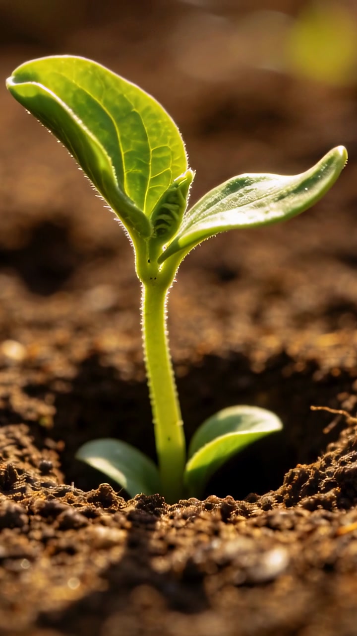 Vertical video: Sprouting seedling seeking sun, pushing up from soil with seed and backlit hairs