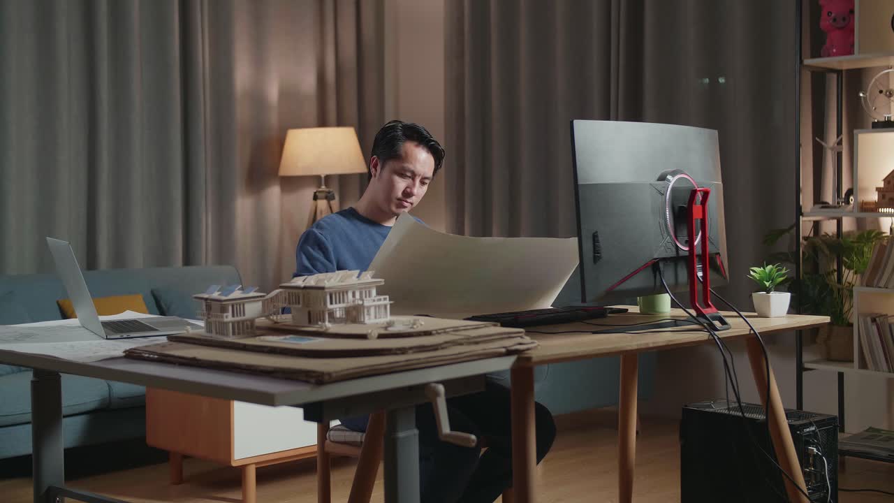 아키텍트가 집 계획과 모형에 대해 늦은 밤까지 일하고 있습니다.