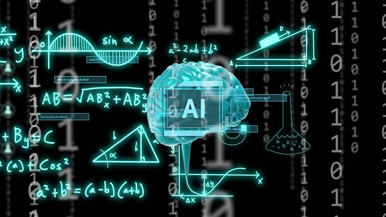 Animation of ai text, brain and digital data processing over black background