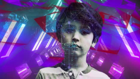 animation of neon tunnel over boy looking at camera