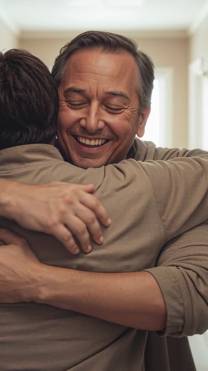 Video verticale: Uomo sorridente che saluta abbracciando un parente adulto nel corridoio, ingresso illuminato, camicie neutre.
