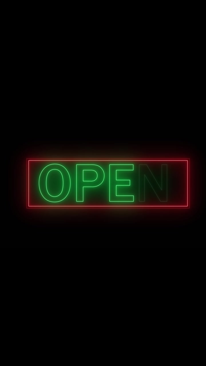 Modern neon open sign green typography frame on dark background commercial branding hospitality