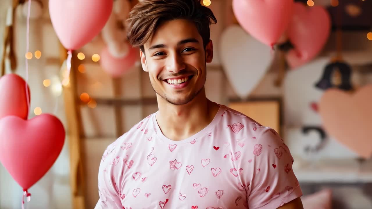 um homem de pé em frente a um monte de balões cor-de-rosa