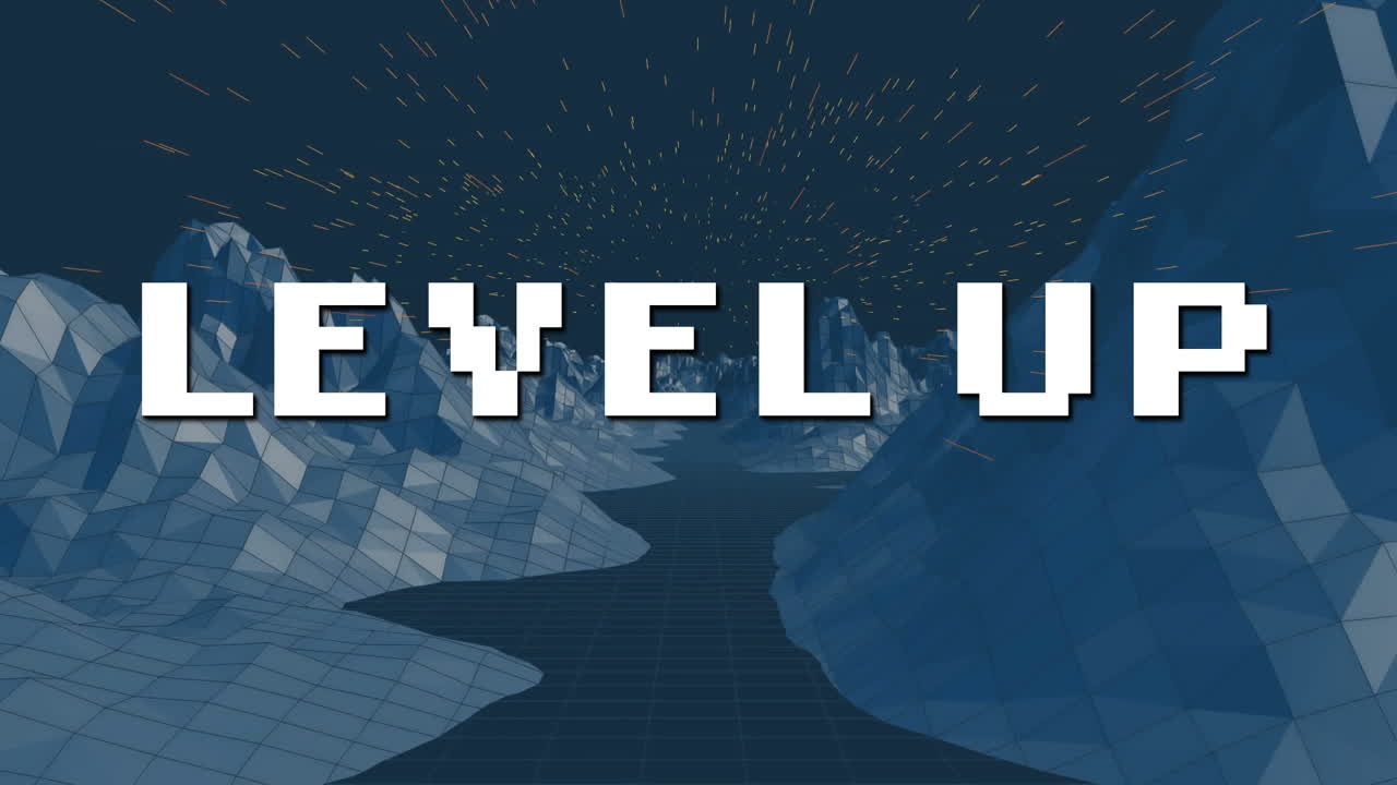 메타버스 배경 위에  ⁇  글자로 레벨 업 텍스트의 애니메이션