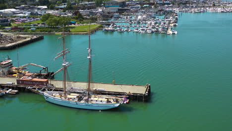 aerial view around a tallship, docked at the sausalito marina, in california, usa