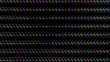 4k abstract looped dark background with black blocks like plates, keys or sticks in a rows on plane like light bulbs, running multicolor neon lights. Vj loop for beat music, festive show